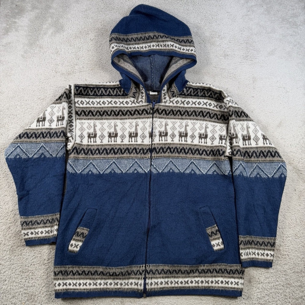 Yari Tejidos Sweater Womens Large Blue 100% Wool Llama Aztec Full Zip Hoodie